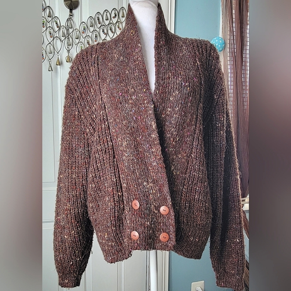 80s Chunky Knit Cardigan Sweater Womens L Brown & Multi Oversized Wool Cozy Girl